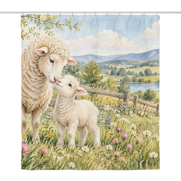 Lamb Meadow Farm shower curtain, full front view of the 71 x 74 in fabric curtain