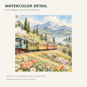 Watercolor Flower Meadow Train Wall Mural, image 4