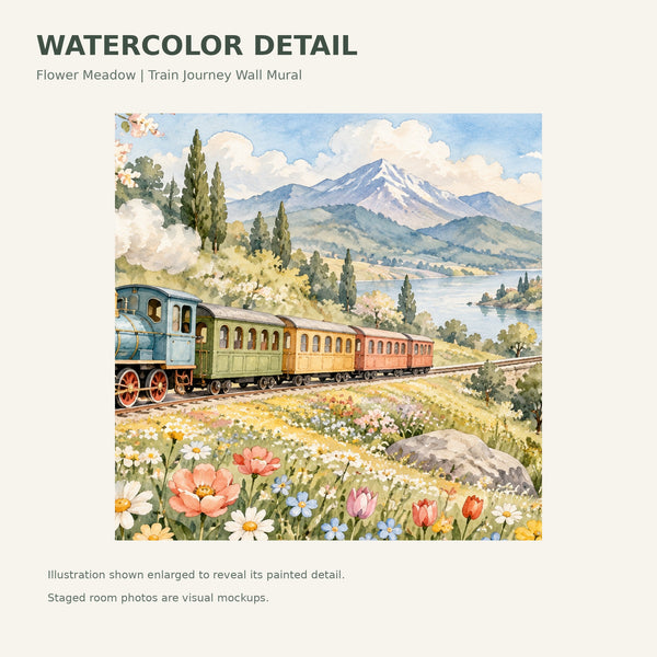 Watercolor Flower Meadow Train Wall Mural, image 4