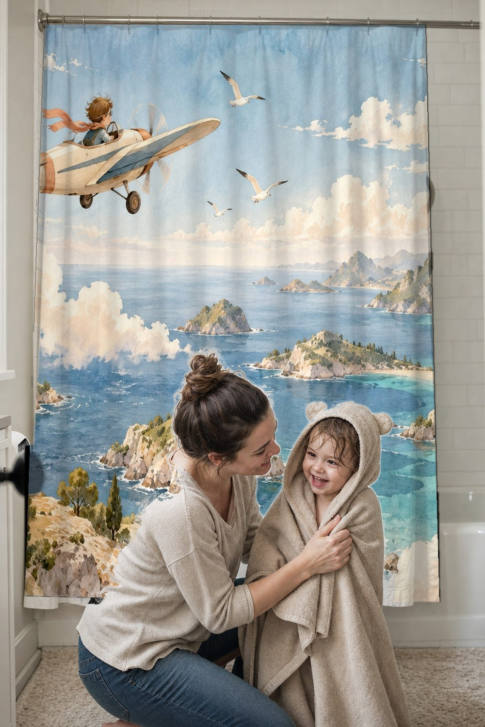 Coastal Explorer shower curtain, full front view of the 71 x 74 in fabric curtain