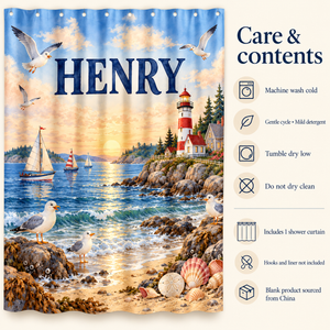 Care and contents of the Coastal Lighthouse personalized kids shower curtain