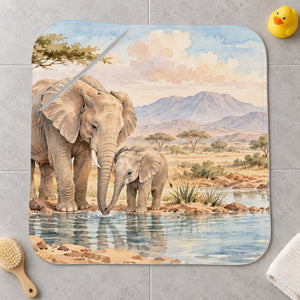 Elephant Family Safari kids hooded bath towel laid flat