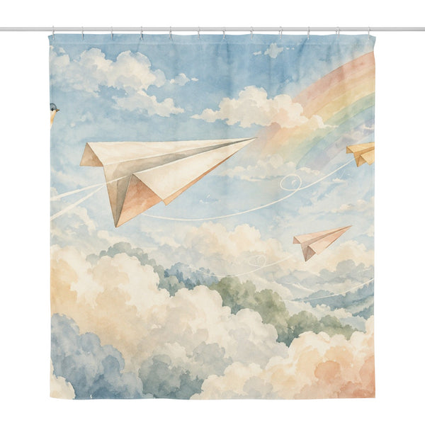 Paper Planes shower curtain, full front view of the 71 x 74 in fabric curtain