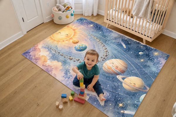 Toddler stacking blocks on the Pastel Planets kids rug in a bright bedroom