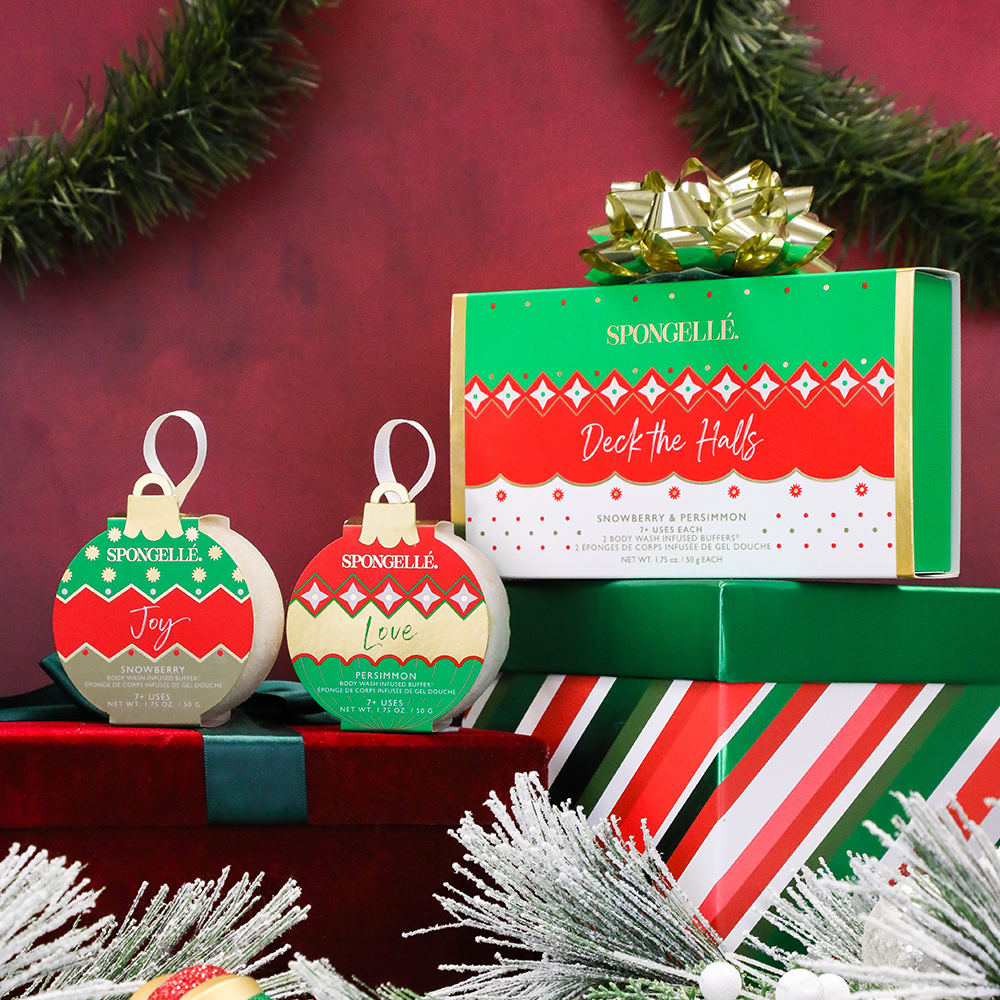 "Deck the Halls Holiday Ornament Gift Set - Body Wash Infused Buffer for festive pampering."