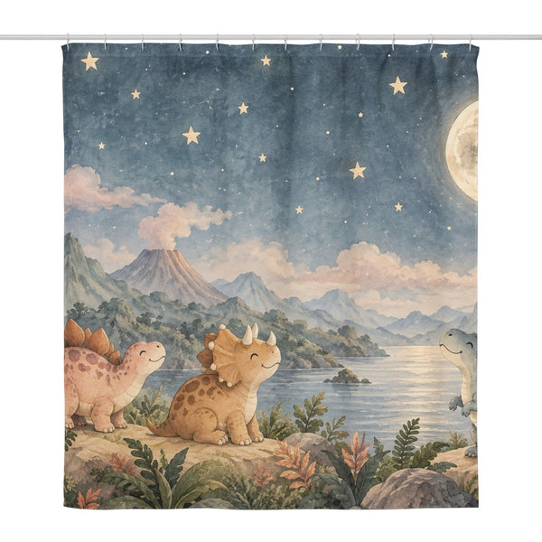 Moonlit Dinosaurs shower curtain, full front view of the 71 x 74 in fabric curtain