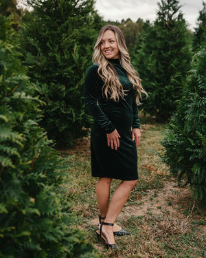 Delta Mock Neck Dress - Hunter Green Velour