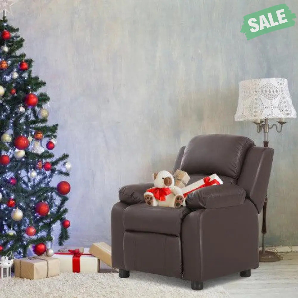 Deluxe Kids Armchair Recliner Headrest Sofa w/ Storage Arms-Brown Brown Kids Chairs & Seating