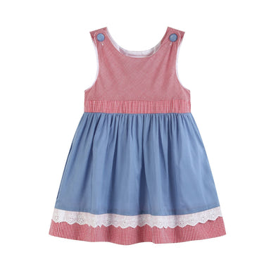 Denim look and red gingham A-line dress for babies, stylish and comfortable for any occasion.