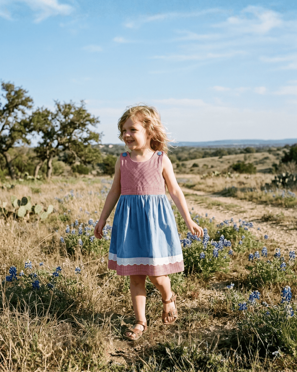 Denim look and red gingham A-line dress for babies, stylish and comfortable for any occasion.