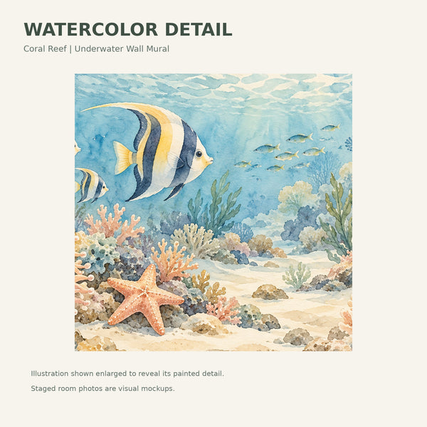 Watercolor Coral Reef Ocean Wall Mural, image 4