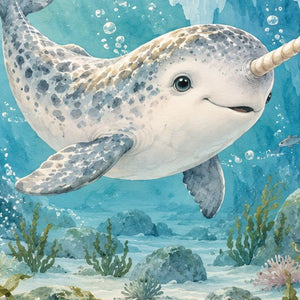 Baby Narwhal Ocean shower curtain, close up of the watercolor artwork