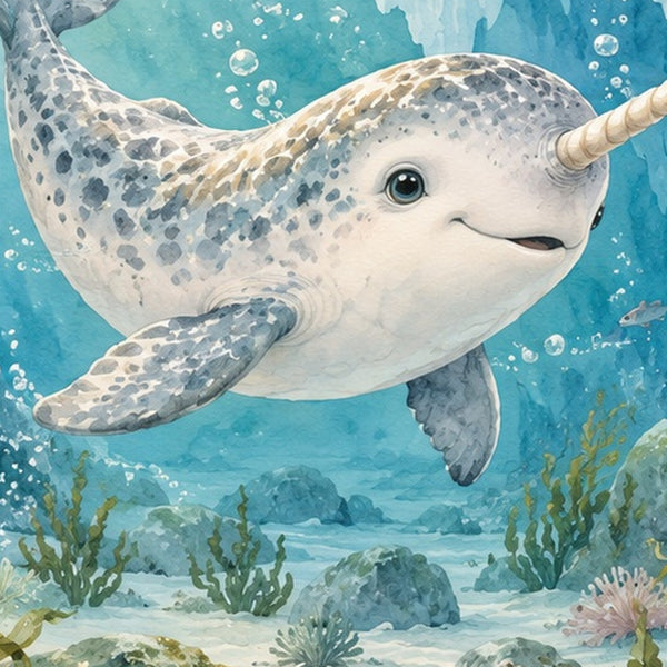 Baby Narwhal Ocean shower curtain, close up of the watercolor artwork