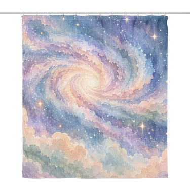 Pastel Galaxy shower curtain, full front view of the 71 x 74 in fabric curtain