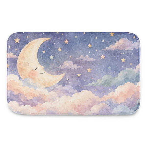 Sleepy Moon kids bath mat, full view of the printed design