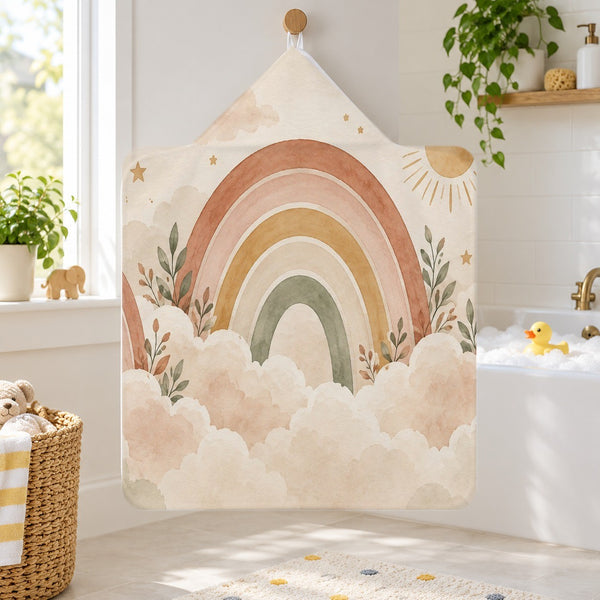 Rainbows on Clouds kids hooded bath towel hanging in a kids bathroom
