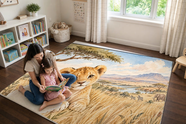 Mom and daughter reading a book on the Lion Cub Safari play rug
