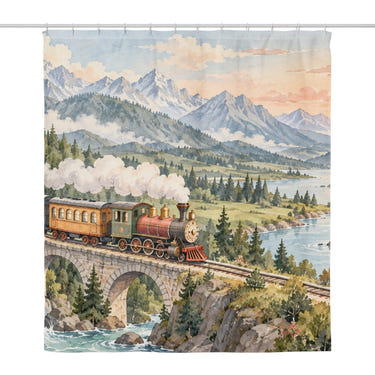 Panoramic Train Journey shower curtain, full front view of the 71 x 74 in fabric curtain