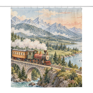 Panoramic Train Journey shower curtain, full front view of the 71 x 74 in fabric curtain