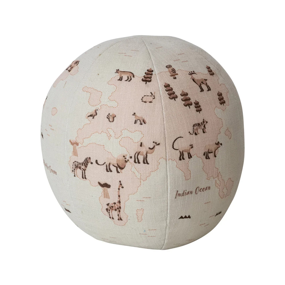 Fabric Printed Globe Shaped Orb Pillow with Animals & Embroidery