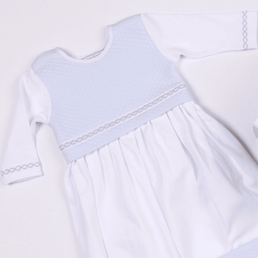 Boys white and blue quilted cotton gown for babies and toddlers, perfect for comfort and style.
