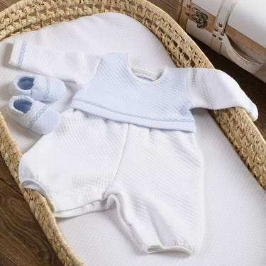 Boys white and blue quilted cotton romper for babies and toddlers, perfect for stylish comfort.