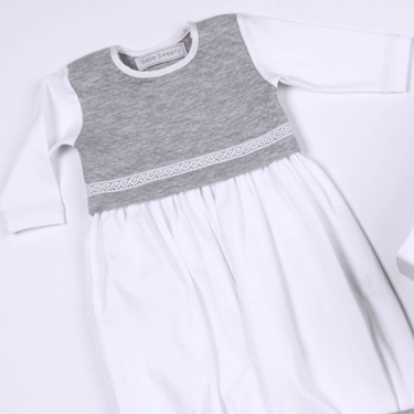 Boys white and grey quilted cotton gown for babies and toddlers, soft and stylish ensemble.