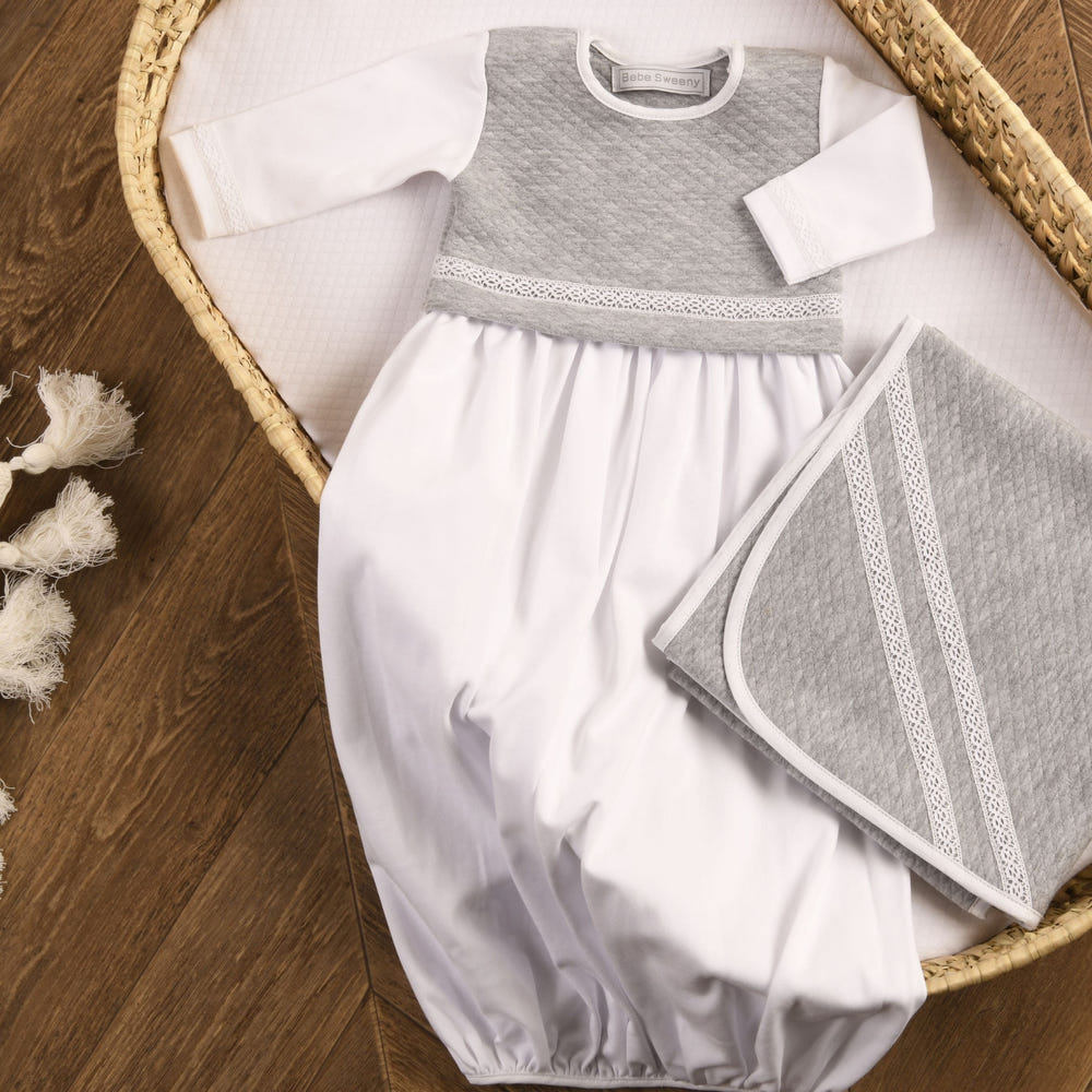 Boys white and grey quilted cotton gown for babies and toddlers, soft and stylish ensemble.