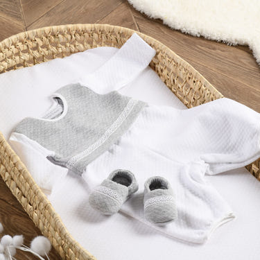 Boys white and grey quilted cotton romper for babies and toddlers, stylish and comfortable outfit.