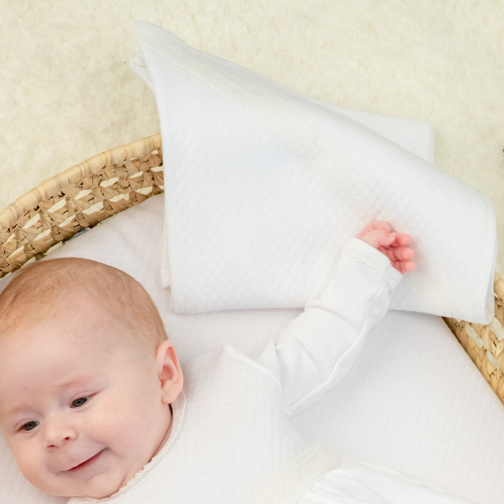 Boys White Quilted Cotton Blanket (80cm) - MOOGCO Baby