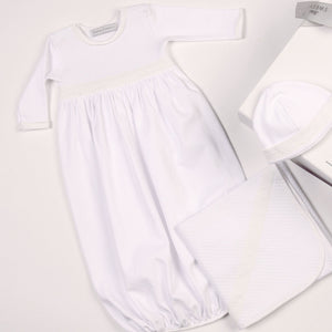 Baby white quilted cotton gown from angle 2, perfect for infants and toddlers. Soft, cozy, and stylish ensemble.