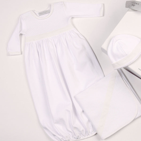 Baby white quilted cotton gown from angle 2, perfect for infants and toddlers. Soft, cozy, and stylish ensemble.