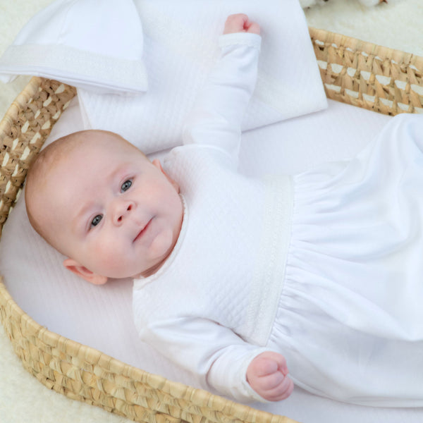 Baby white quilted cotton gown, cozy and stylish, perfect for infants and toddlers, shown from angle 4.