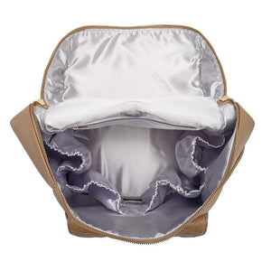 Signature Latte Brown Diaper Bag, stylish and functional, angled view showcasing its spacious design and chic color.
