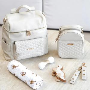 Signature Pearl White Diaper Bag at Angle 13, stylish and functional for modern parents.