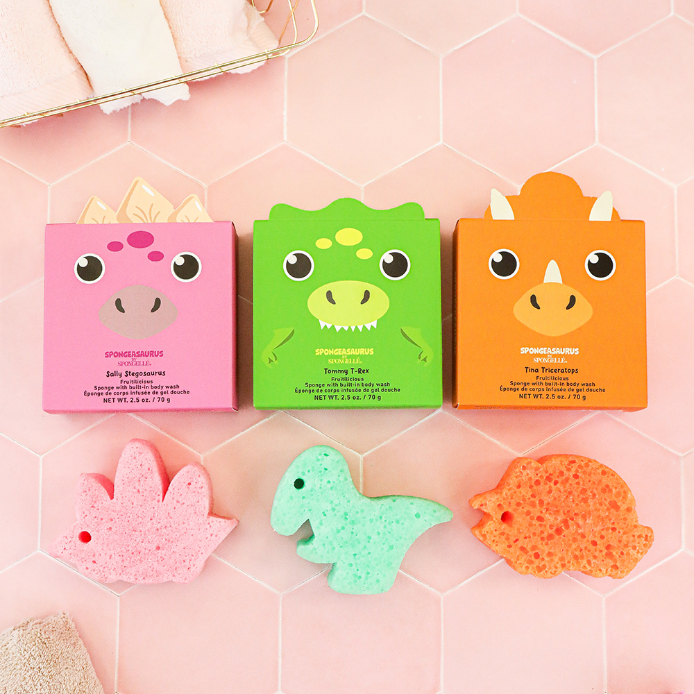Spongeasaurus Assorted Pack - Fun body wash infused buffers for babies, perfect for gentle cleansing and playtime.