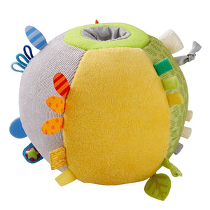 Plush Discovery Ball for babies, featuring colorful textures and shapes for sensory exploration and play.