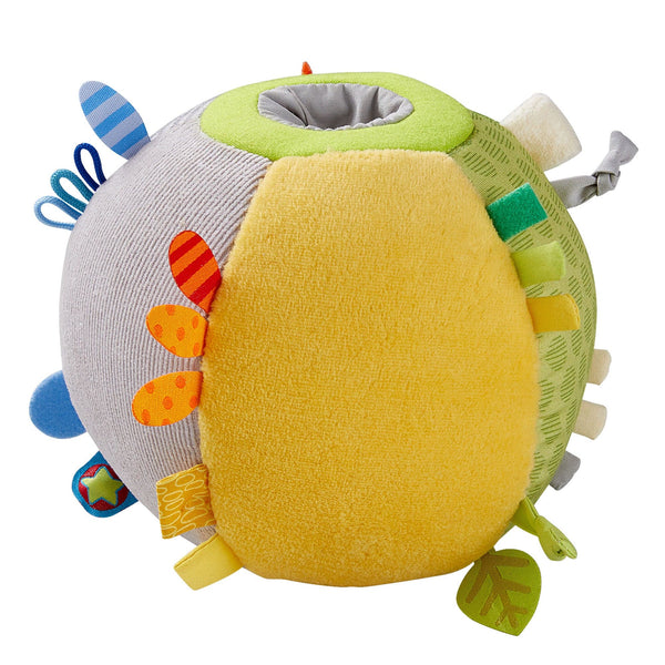Plush Discovery Ball for babies, featuring colorful textures and shapes for sensory exploration and play.