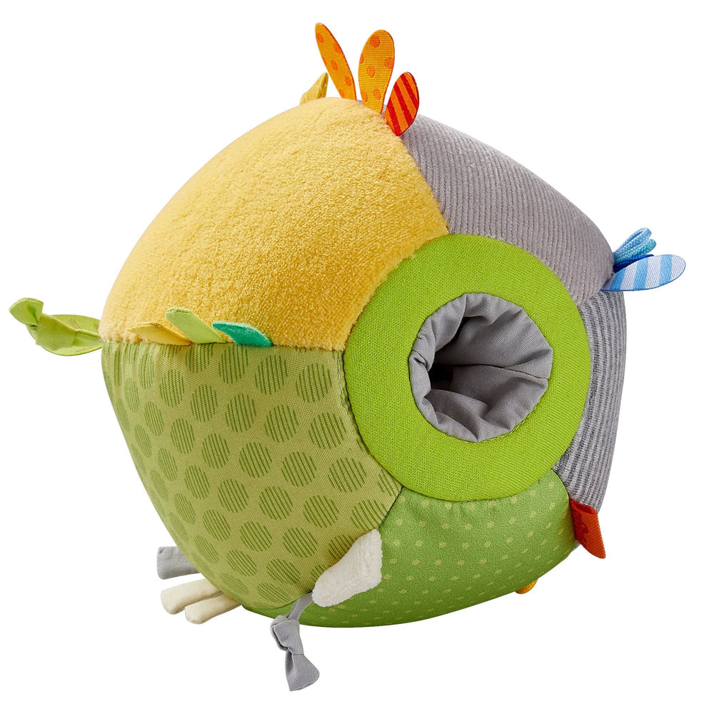 Plush Discovery Ball for babies, featuring colorful textures and shapes for sensory exploration and play.