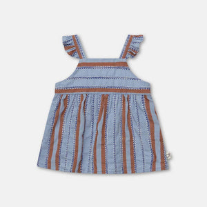 Unique striped denim baby dress for stylish infants, perfect for any occasion.