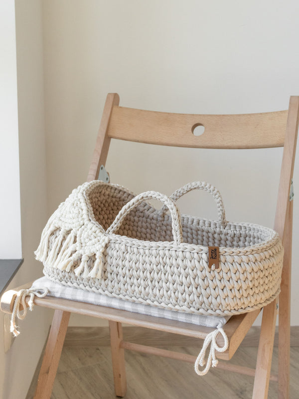 Doll Moses Basket Macrame Hood w/Rocking Stand