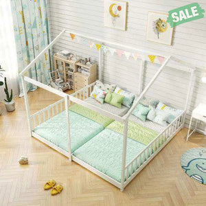 Double Floor Bed for Twins House Beds with Safety Guardrails for 2 Kids-White Toddler Beds