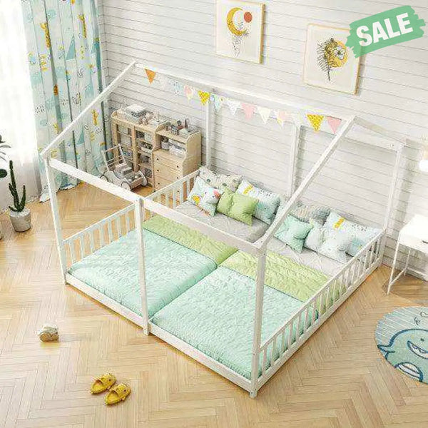 Double Floor Bed for Twins House Beds with Safety Guardrails for 2 Kids-White Toddler Beds
