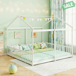 Double Floor Bed for Twins House Beds with Safety Guardrails for 2 Kids-White Toddler Beds