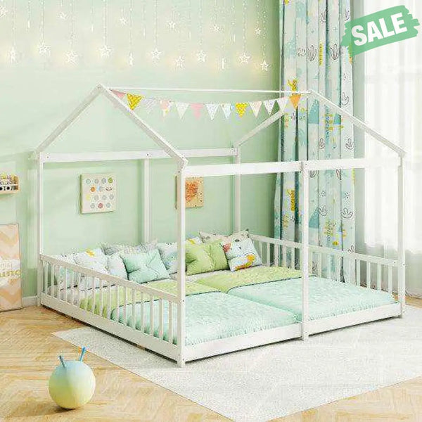 Double Floor Bed for Twins House Beds with Safety Guardrails for 2 Kids-White Toddler Beds