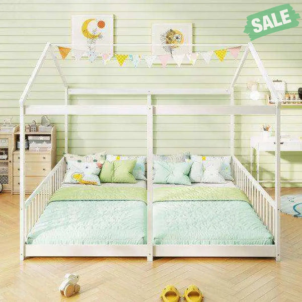 Double Floor Bed for Twins House Beds with Safety Guardrails for 2 Kids-White Toddler Beds