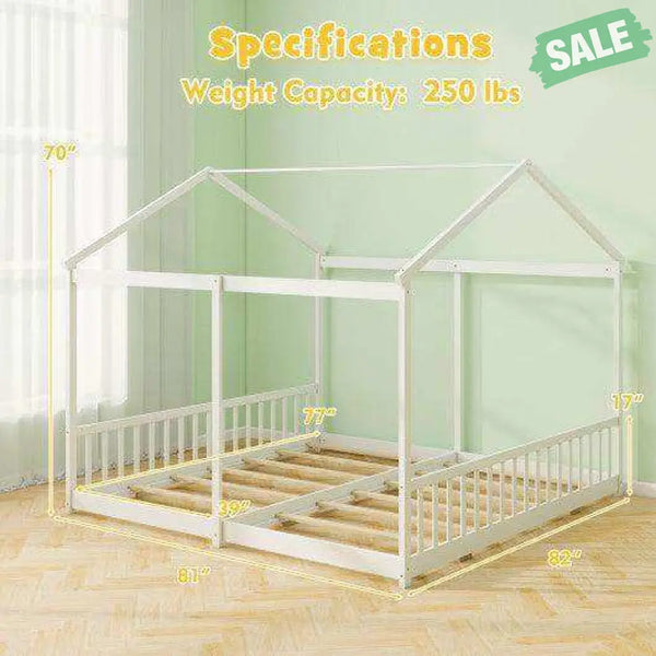 Double Floor Bed for Twins House Beds with Safety Guardrails for 2 Kids-White Toddler Beds