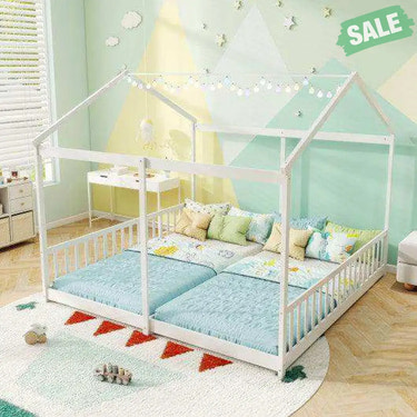 Double Floor Bed for Twins House Beds with Safety Guardrails for 2 Kids-White Toddler Beds