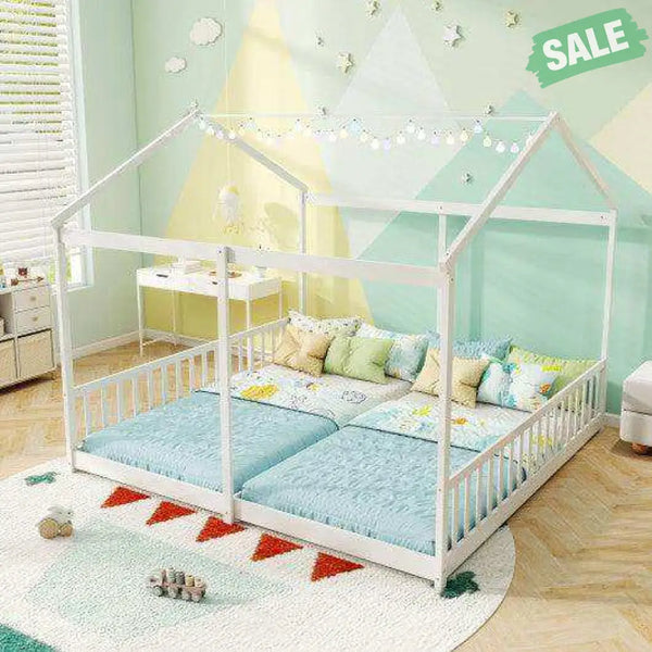 Double Floor Bed for Twins House Beds with Safety Guardrails for 2 Kids-White Toddler Beds