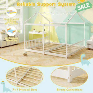 Double Floor Bed for Twins House Beds with Safety Guardrails for 2 Kids-White Toddler Beds